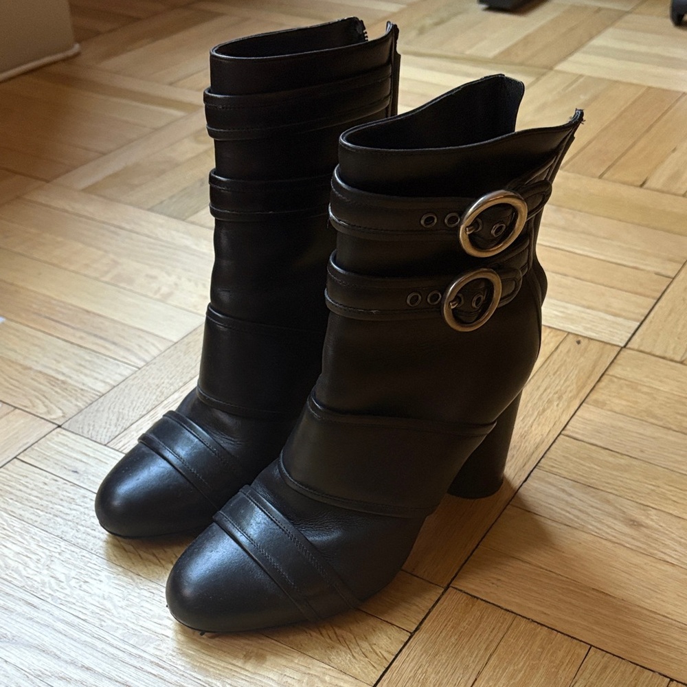 Authentic Lanvin Black Leather Ankle Boots with Buckle Detail